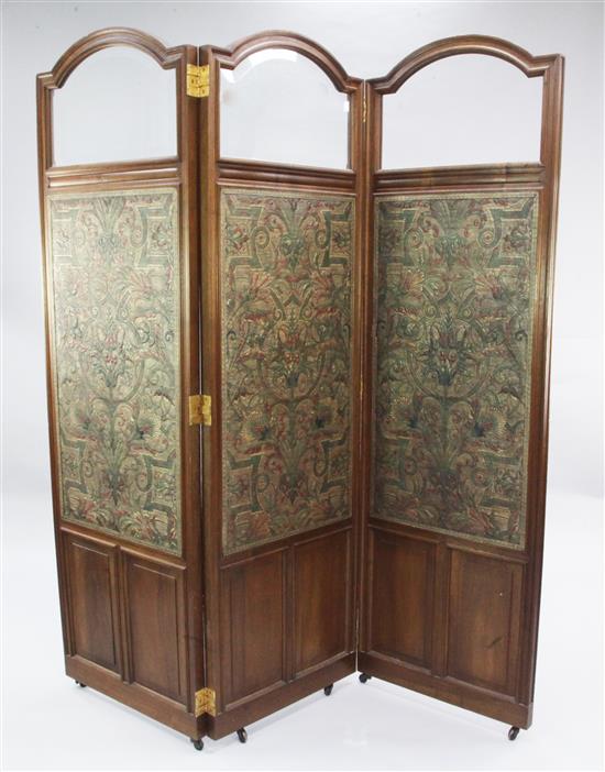 A late Victorian mahogany three fold screen, H.6ft, one glass panel missing